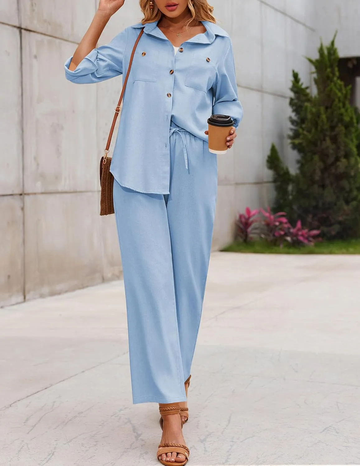 Zeagoo Women 2 Piece Linen Sets 2023 Button Down Shirt and Drawstring Long Pants Set Summer Outfits