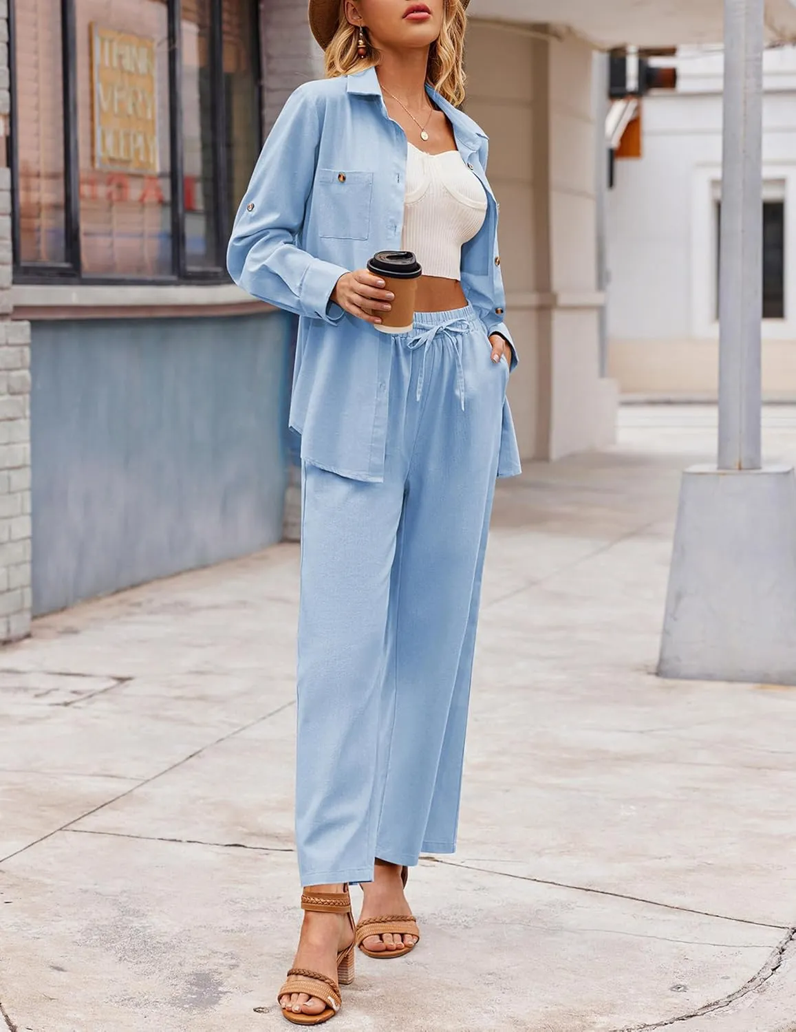 Zeagoo Women 2 Piece Linen Sets 2023 Button Down Shirt and Drawstring Long Pants Set Summer Outfits