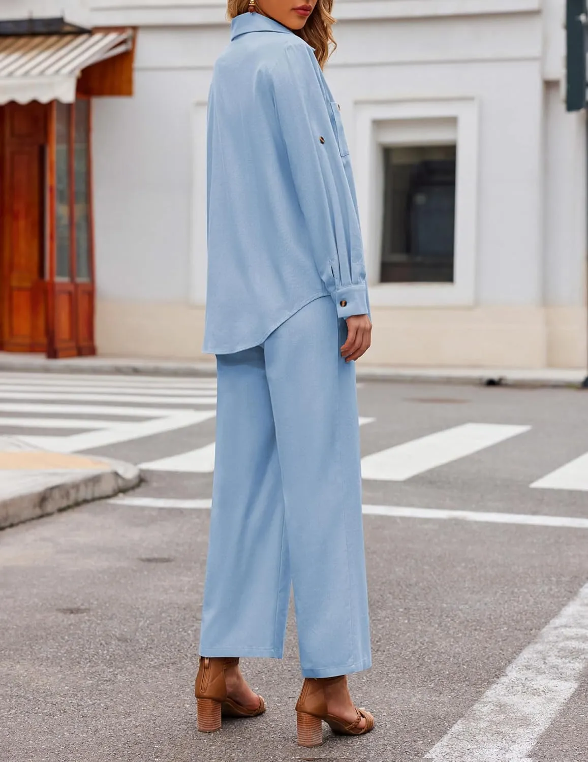 Zeagoo Women 2 Piece Linen Sets 2023 Button Down Shirt and Drawstring Long Pants Set Summer Outfits