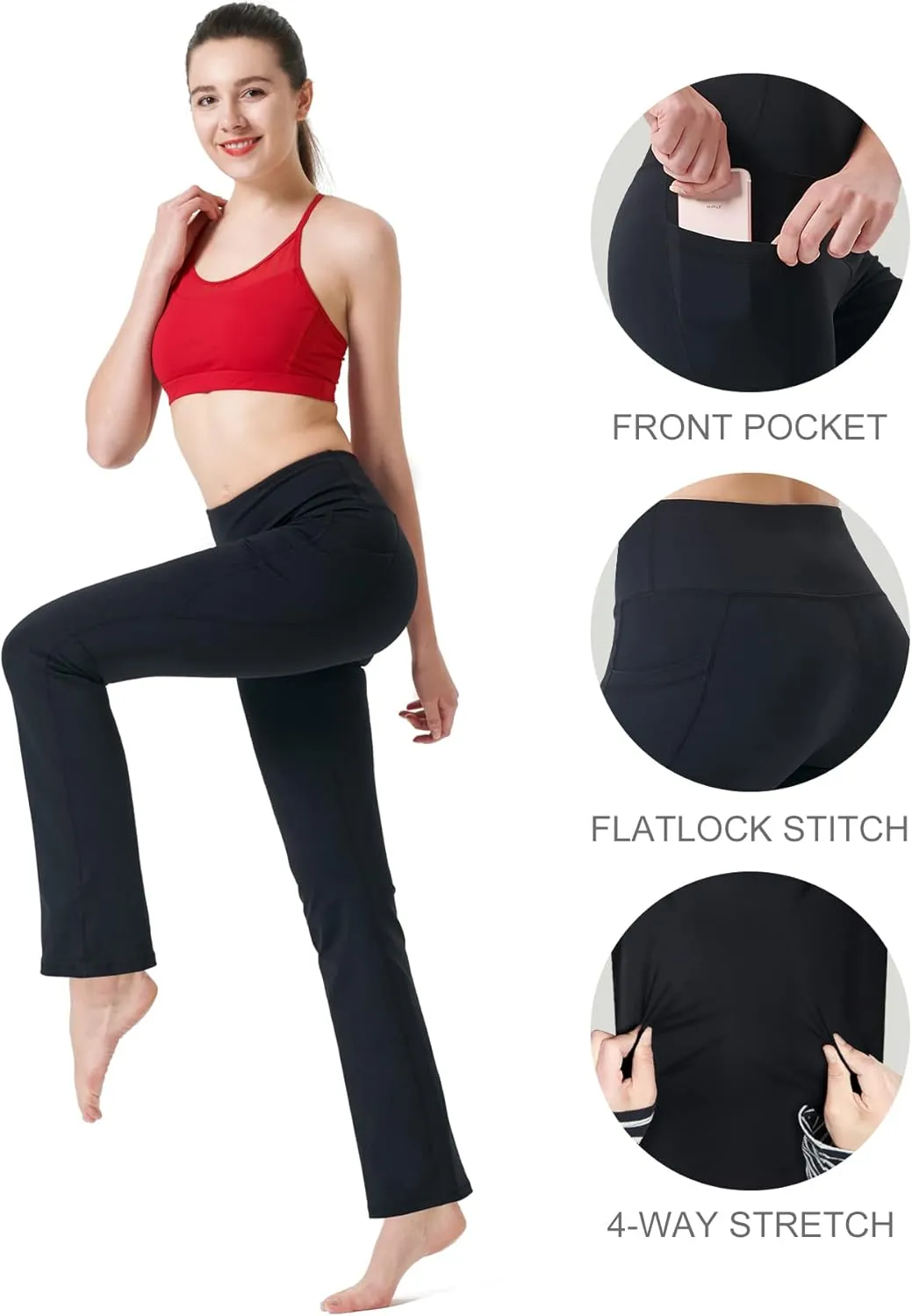 Zeronic Women's High Waist Bootcut Yoga Pants with Pockets Tummy Control Workout Running Pants Long Bootleg Flare Pants