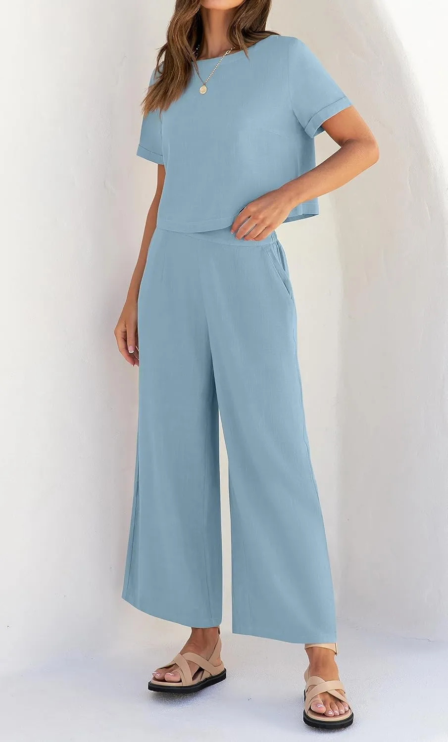 ZESICA Women's 2 Piece Outfits Linen Short Sleeve Crop Top and Wide Leg Pants Lounge Matching Set Tracksuits Trendy Clothes