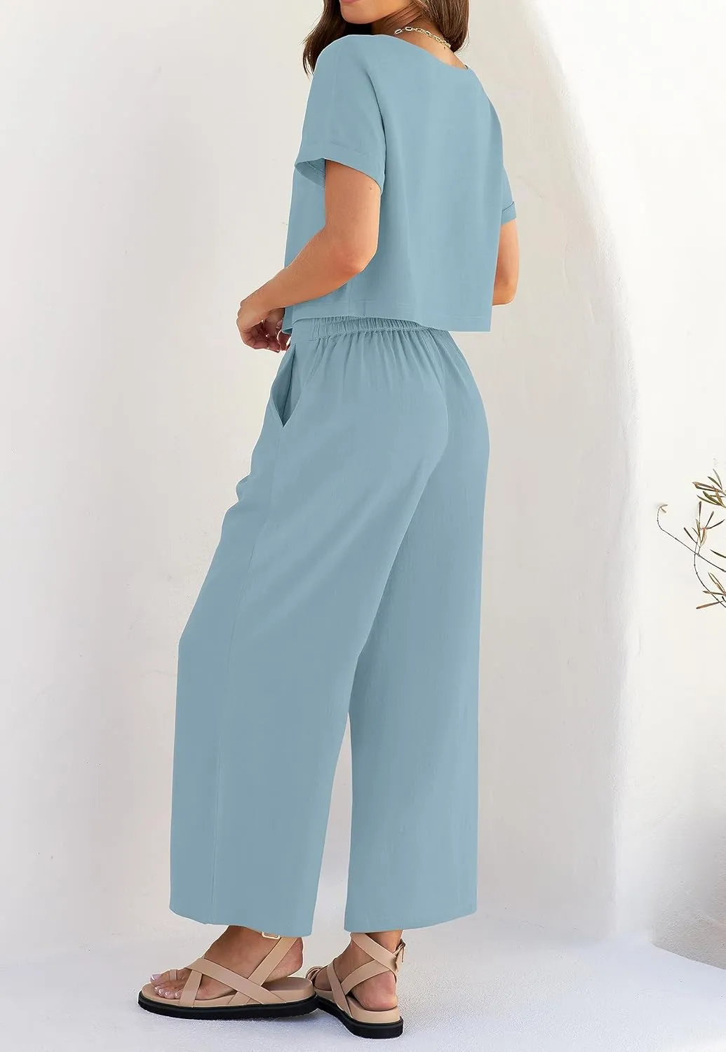 ZESICA Women's 2 Piece Outfits Linen Short Sleeve Crop Top and Wide Leg Pants Lounge Matching Set Tracksuits Trendy Clothes
