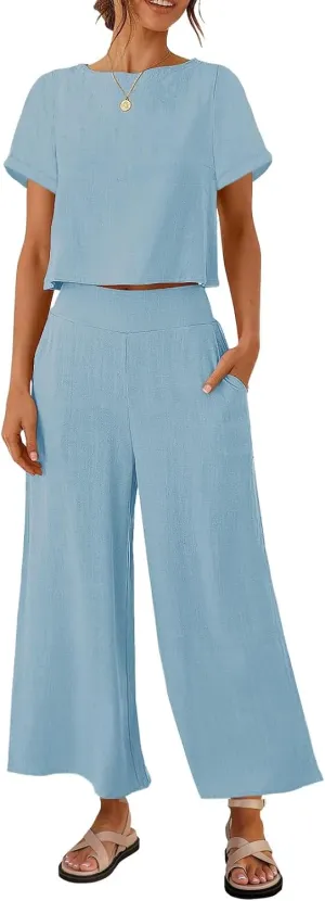 ZESICA Women's 2 Piece Outfits Linen Short Sleeve Crop Top and Wide Leg Pants Lounge Matching Set Tracksuits Trendy Clothes