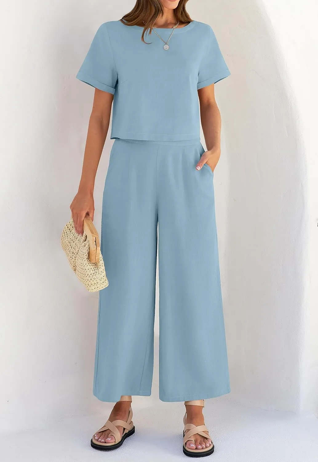 ZESICA Women's 2 Piece Outfits Linen Short Sleeve Crop Top and Wide Leg Pants Lounge Matching Set Tracksuits Trendy Clothes