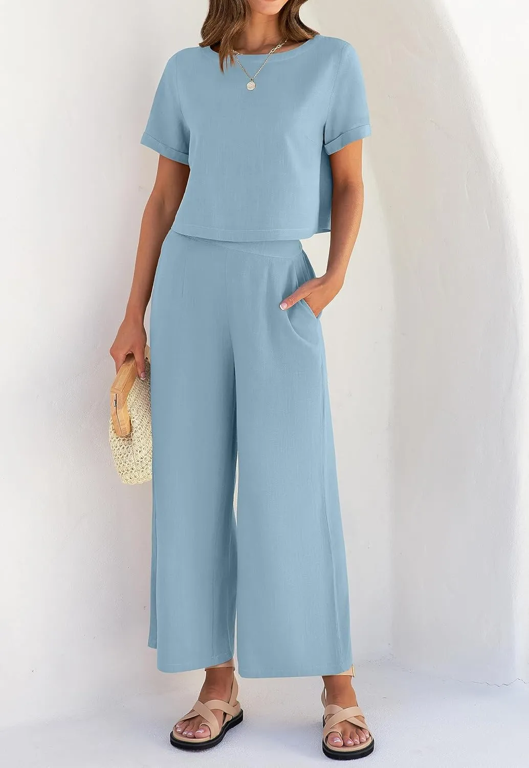 ZESICA Women's 2 Piece Outfits Linen Short Sleeve Crop Top and Wide Leg Pants Lounge Matching Set Tracksuits Trendy Clothes