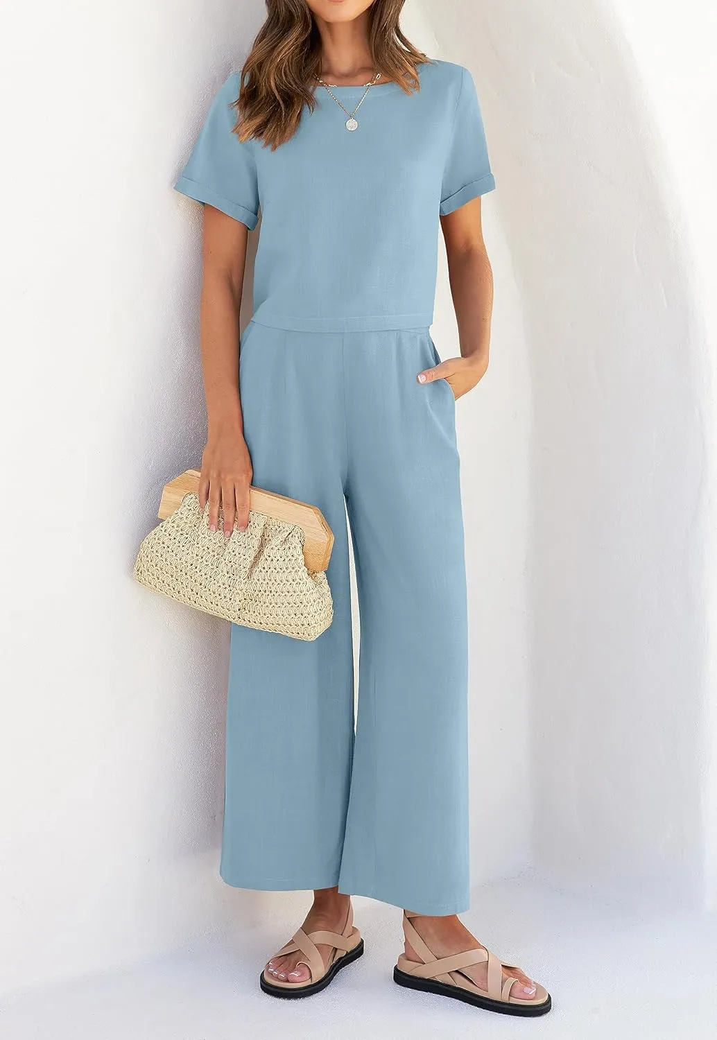 ZESICA Women's 2 Piece Outfits Linen Short Sleeve Crop Top and Wide Leg Pants Lounge Matching Set Tracksuits Trendy Clothes