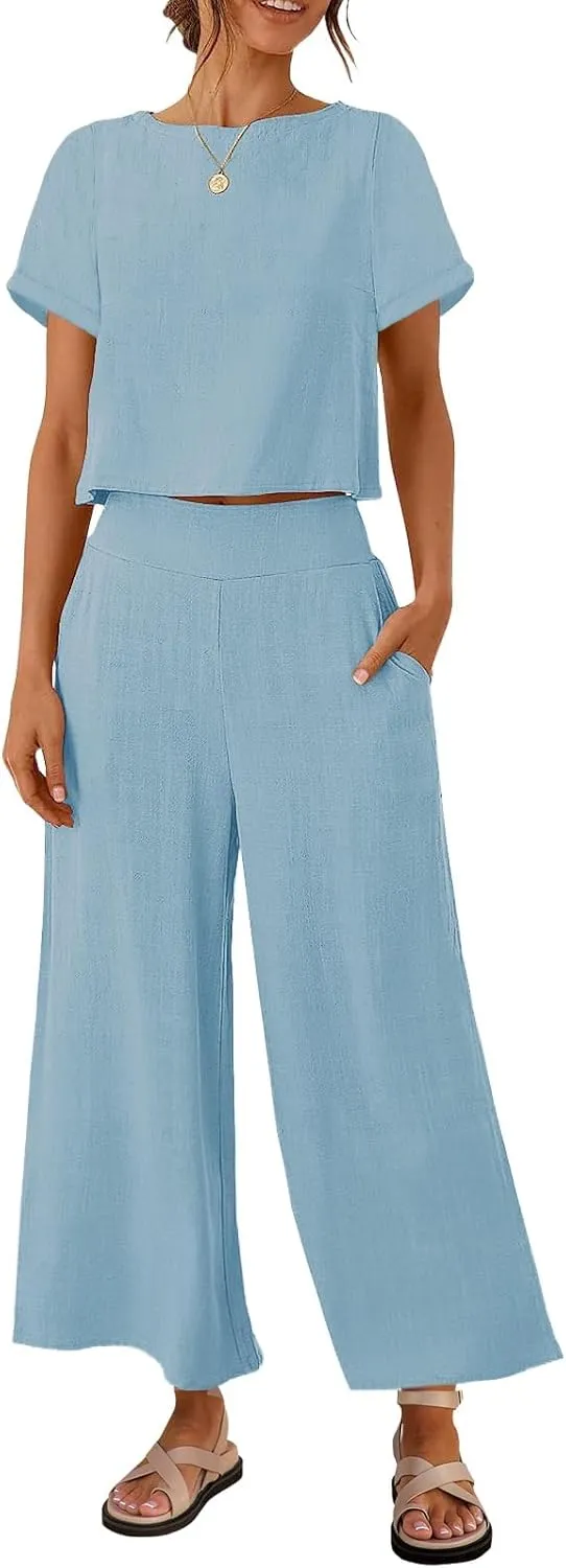 ZESICA Women's 2 Piece Outfits Linen Short Sleeve Crop Top and Wide Leg Pants Lounge Matching Set Tracksuits Trendy Clothes