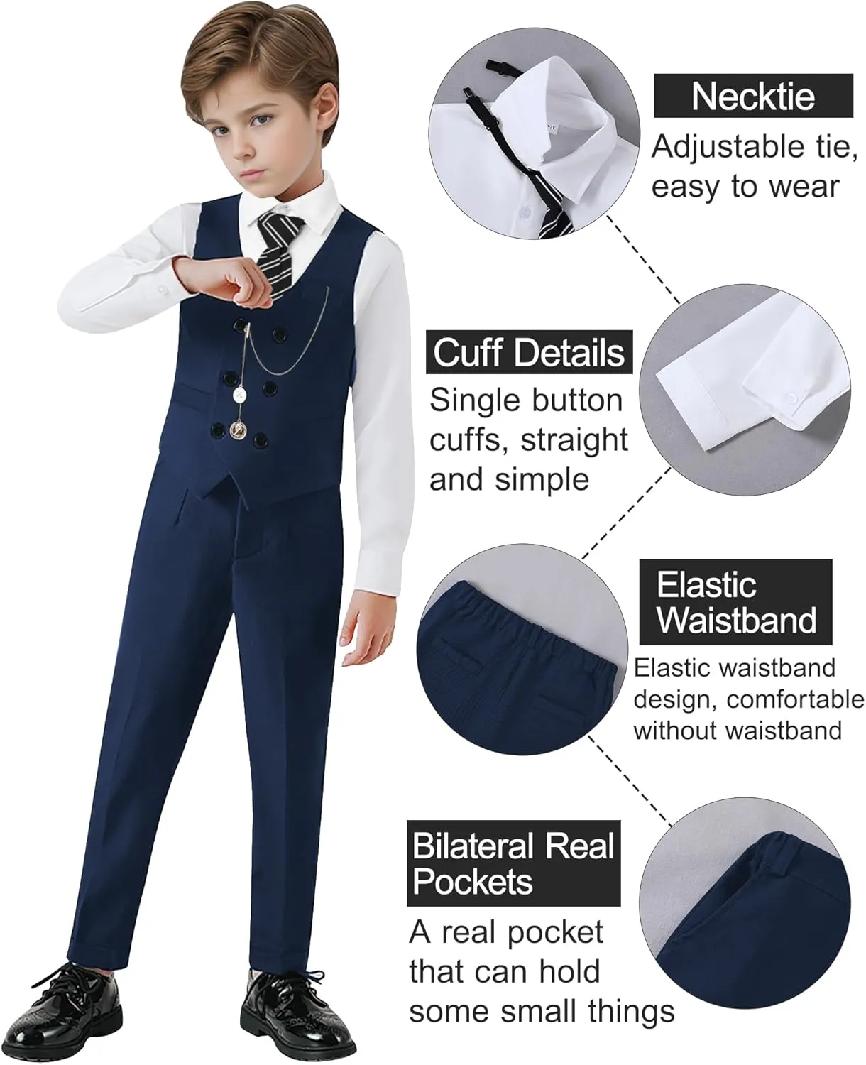 ZOEREA Boys Suit Formal Dress Clothes Big Boy Wedding Outfit Vest Pants Dress Shirt Chain Adjustable Tie 6-10Y