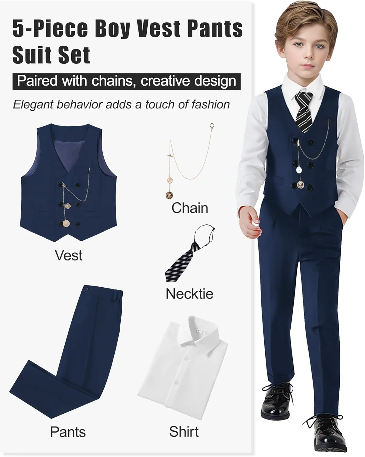 ZOEREA Boys Suit Formal Dress Clothes Big Boy Wedding Outfit Vest Pants Dress Shirt Chain Adjustable Tie 6-10Y