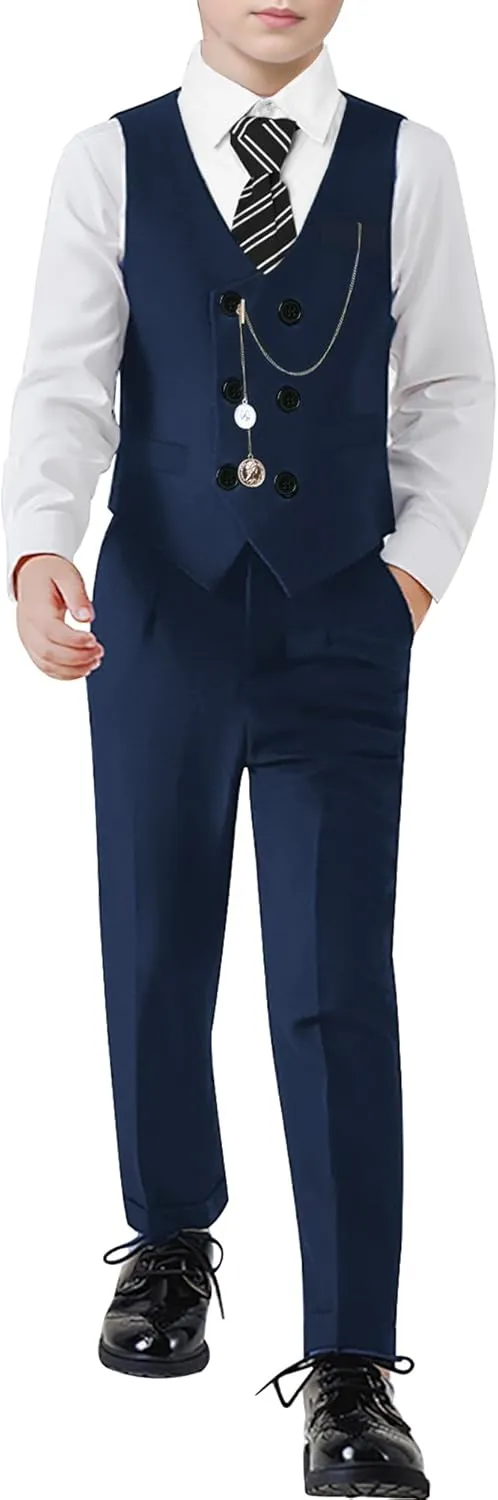 ZOEREA Boys Suit Formal Dress Clothes Big Boy Wedding Outfit Vest Pants Dress Shirt Chain Adjustable Tie 6-10Y