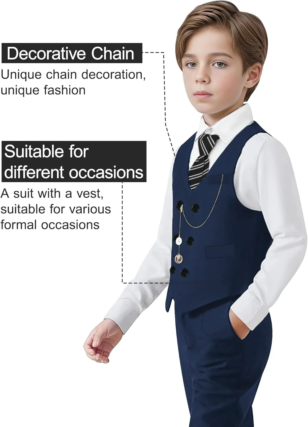 ZOEREA Boys Suit Formal Dress Clothes Big Boy Wedding Outfit Vest Pants Dress Shirt Chain Adjustable Tie 6-10Y